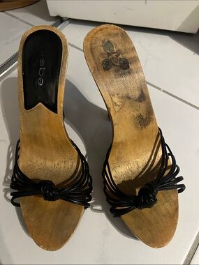 bebe Black Knot-Strap Wood Slip-On Mules- CLASSIC BLACK SEXY STURDY HEALS!